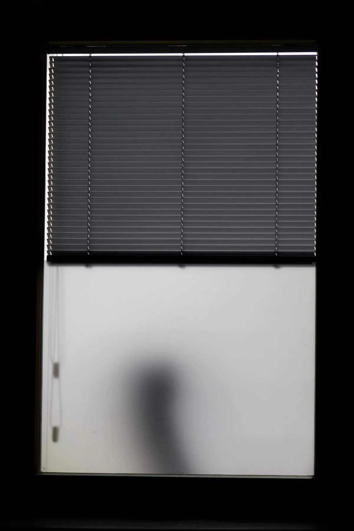 Aluminium blind half lowered over a frosted window, in black and white