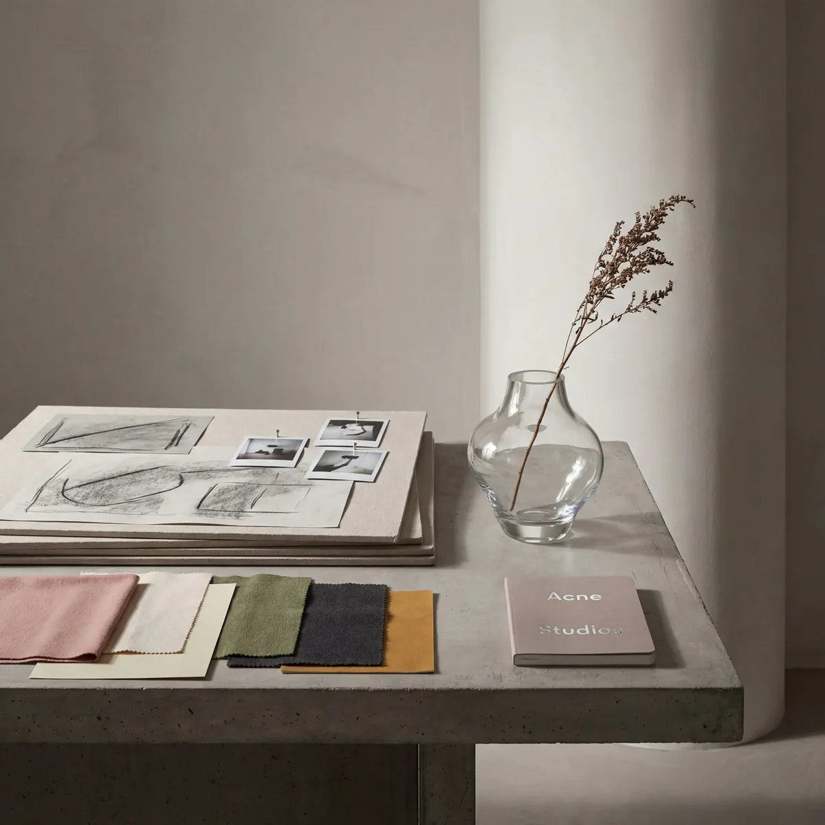 Fabric swatches and design sketches laid out on a table