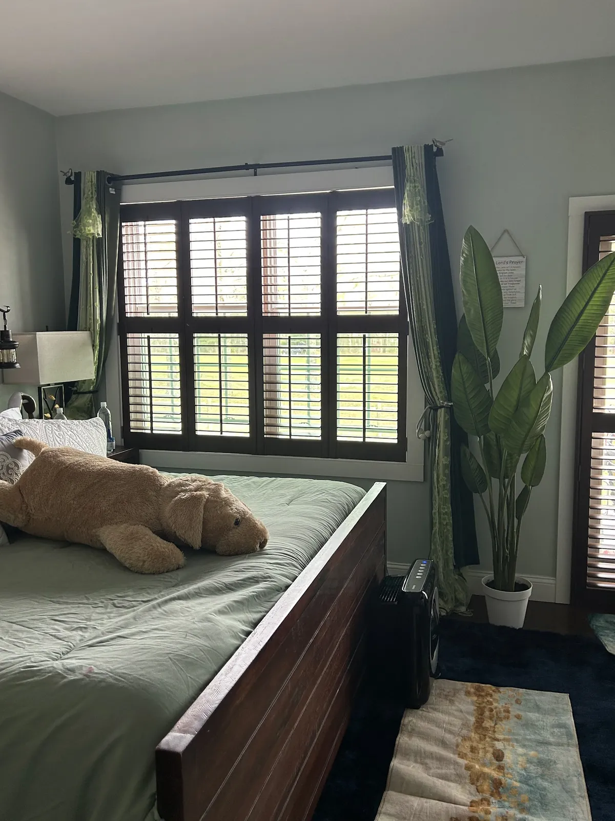 Bedroom window with dark wood plantation shutters and side drapes