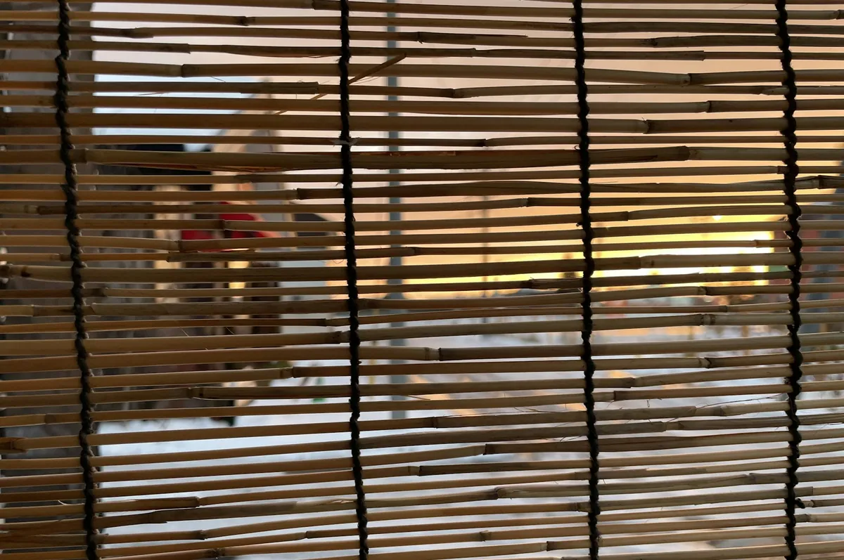 Bamboo shade lowered over a window with the view blurred behind it